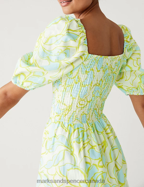 Women Green Mix Clothing Marks & Spencer Linen Rich Floral Square Neck Midi Dress 20VTD296 - Marks and Spencer outlet