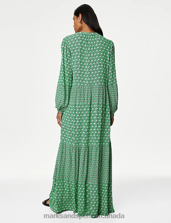 Marks and Spencer sale - Women Green Mix Clothing Marks & Spencer Printed Tie Neck Belted Maxi Tiered Dress 20VTD1823
