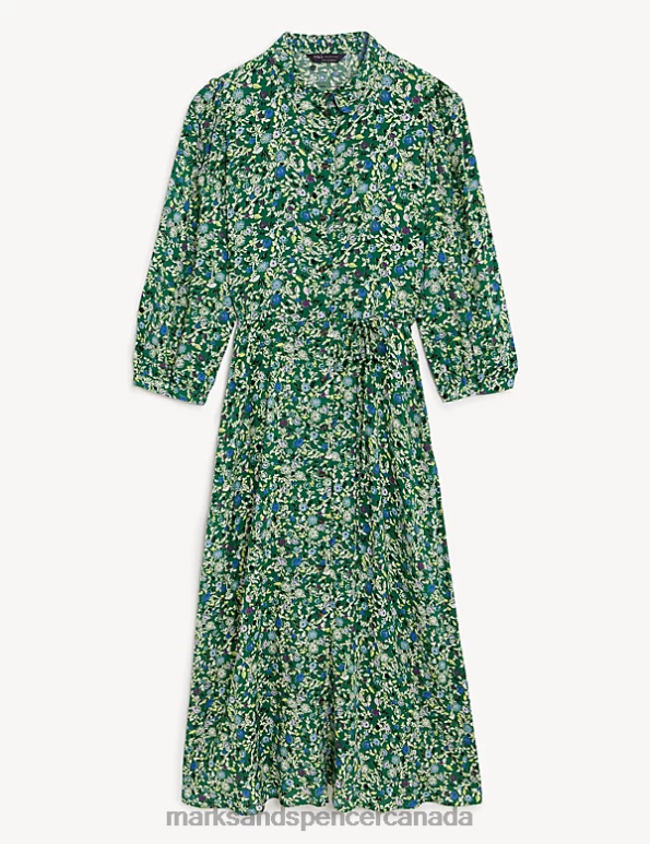 Marks and Spencer Canada - Women Green Mix Clothing Marks & Spencer Printed Tie Waist Midi Shirt Dress 20VTD1999