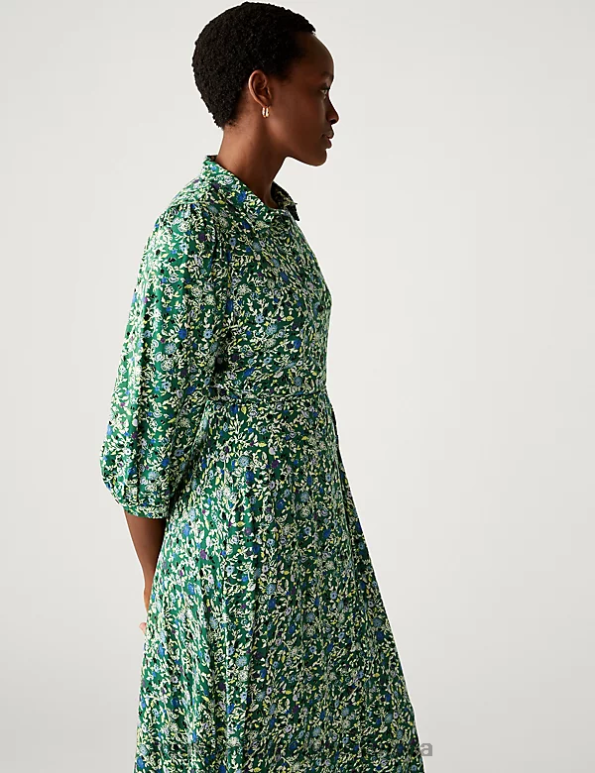 Marks and Spencer Canada - Women Green Mix Clothing Marks & Spencer Printed Tie Waist Midi Shirt Dress 20VTD1999