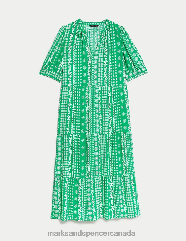 Marks and Spencer sale - Women Green Mix Clothing Marks & Spencer Printed V-Neck Midi Relaxed Tiered Dress 20VTD977
