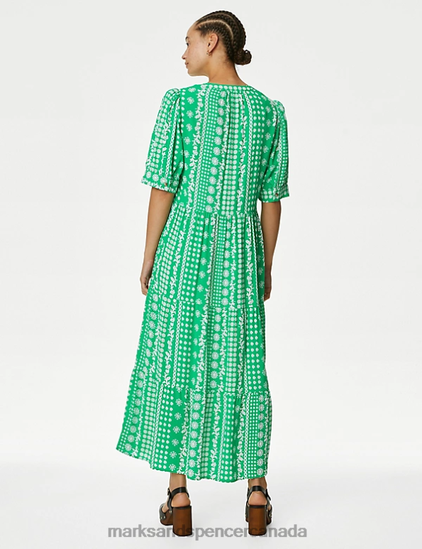 Marks and Spencer sale - Women Green Mix Clothing Marks & Spencer Printed V-Neck Midi Relaxed Tiered Dress 20VTD977