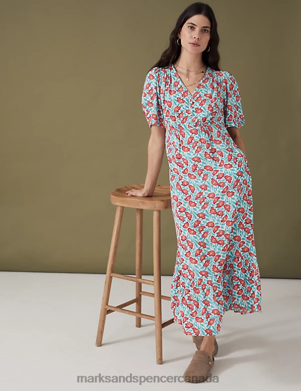 Marks and Spencer sale - Women Green Mix Clothing Marks & Spencer Printed V-Neck Midi Tiered Tea Dress 20VTD1976