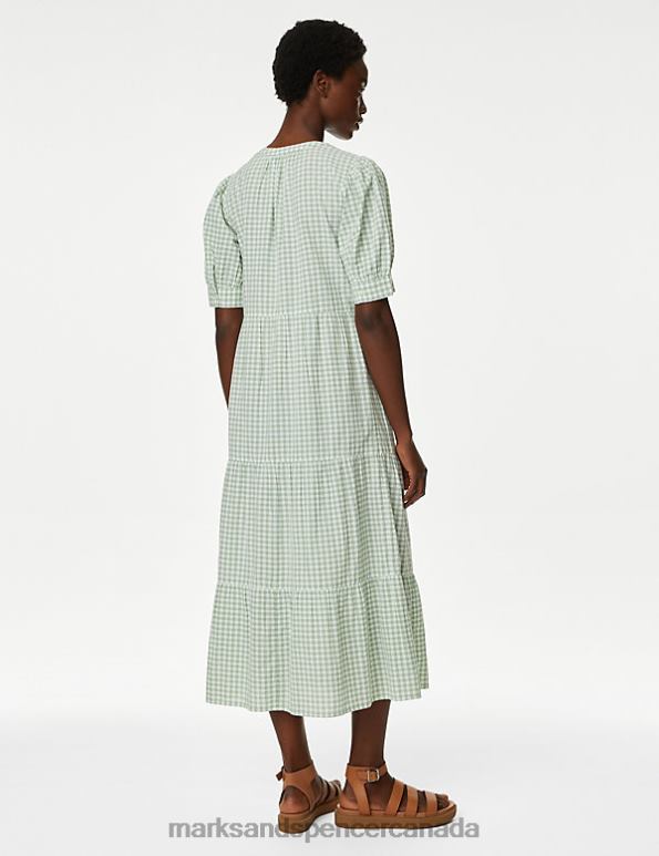 Women Green Mix Clothing Marks & Spencer Pure Cotton Checked V-Neck Midi Tiered Dress 20VTD217 - Marks and Spencer online