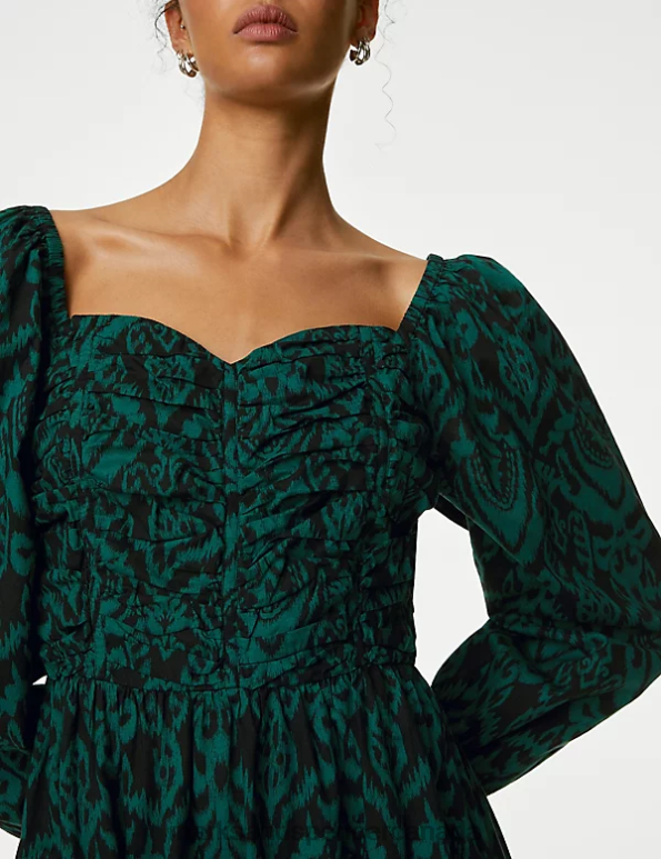 Marks and Spencer Canada - Women Green Mix Clothing Marks & Spencer Pure Cotton Printed Midaxi Waisted Dress 20VTD1008