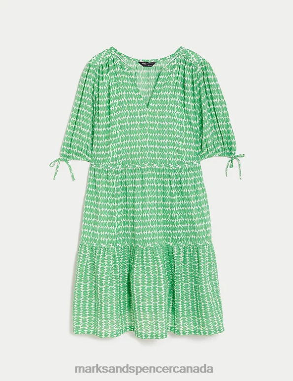 Women Green Mix Clothing Marks & Spencer Pure Cotton Printed Mini Tiered Dress 20VTD1967 - Marks and Spencer outlet