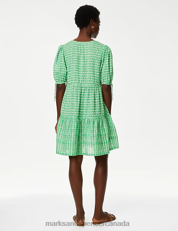 Women Green Mix Clothing Marks & Spencer Pure Cotton Printed Mini Tiered Dress 20VTD1967 - Marks and Spencer outlet