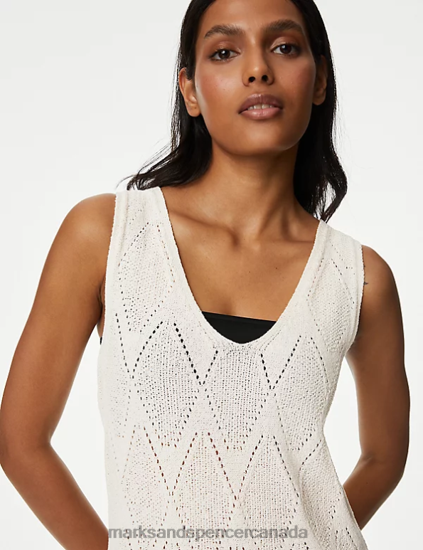 Women Ivory Clothing Marks & Spencer Cotton Rich Textured V-Neck Knitted Dress 20VTD2436 - Marks and Spencer outlet