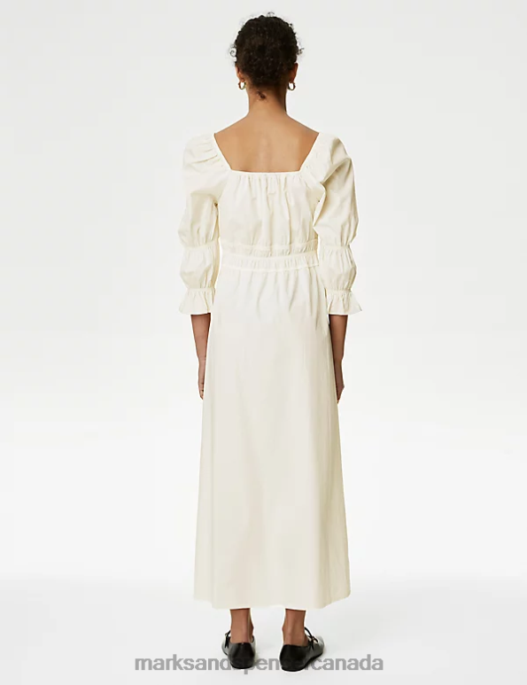 Marks and Spencer sale - Women Ivory Clothing Marks & Spencer Pure Cotton Square Neck Midi Waisted Dress 20VTD404