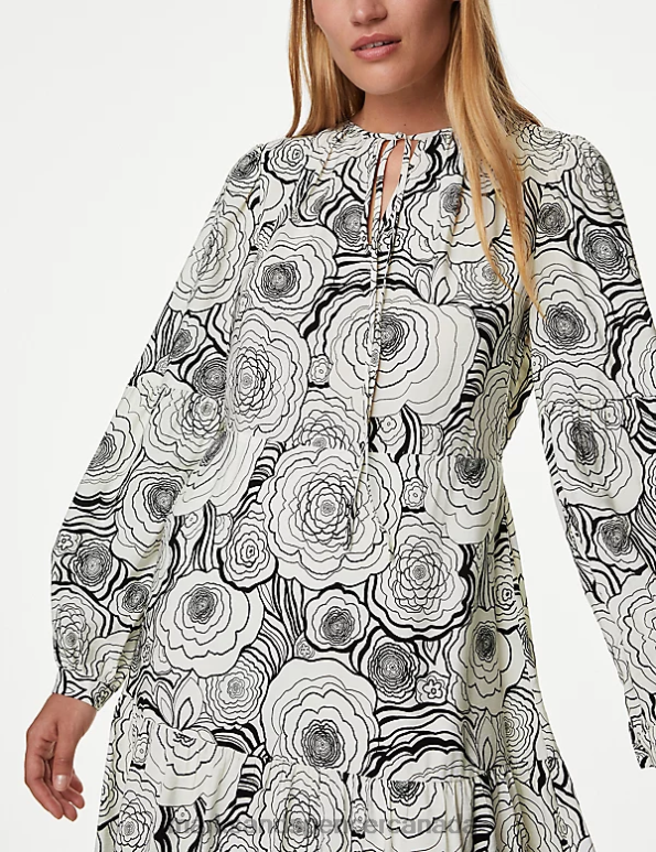 Women Ivory Mix Clothing Marks & Spencer Floral Tie Neck Midaxi Relaxed Tiered Dress 20VTD492 - Marks and Spencer outlet