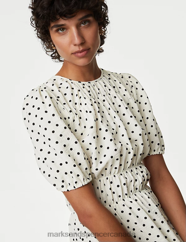 Women Ivory Mix Clothing Marks & Spencer Polka Dot Textured Mini Smock Dress 20VTD431 - Marks and Spencer outlet