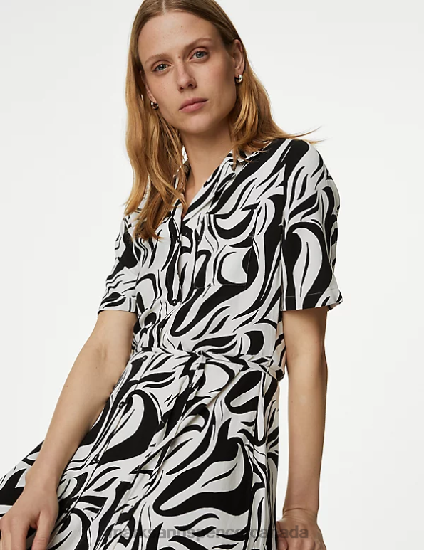 Women Ivory Mix Clothing Marks & Spencer Printed Belted Midi Shirt Dress 20VTD2315 - Marks and Spencer online