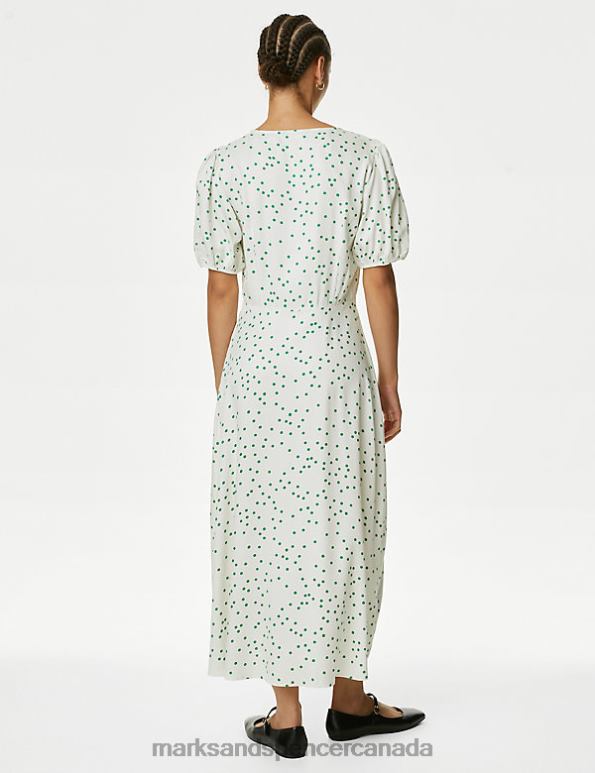 Marks and Spencer near me - Women Ivory Mix Clothing Marks & Spencer Printed Button Detail V-Neck Midi Tea Dress 20VTD400