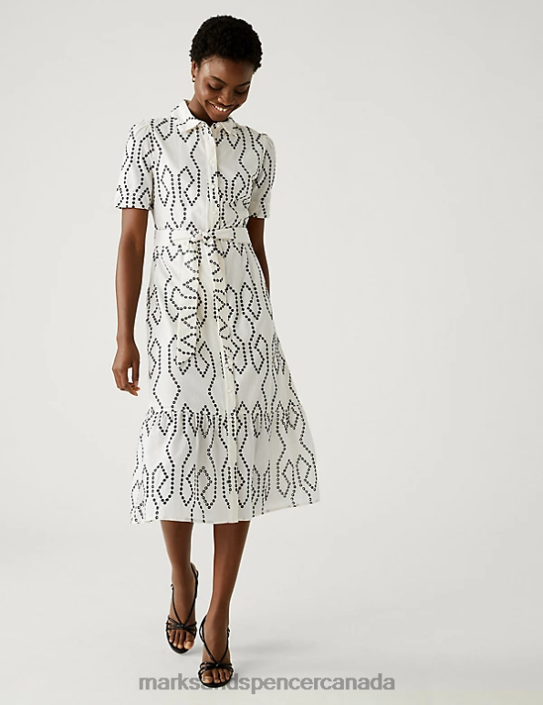 Women Ivory Mix Clothing Marks & Spencer Pure Cotton Broderie Midaxi Shirt Dress 20VTD274 - Marks and Spencer outlet