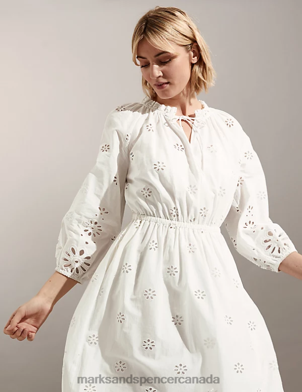 Marks and Spencer near me - Women Ivory Mix Clothing Marks & Spencer Pure Cotton Broderie Tie Neck Midi Dress 20VTD1743