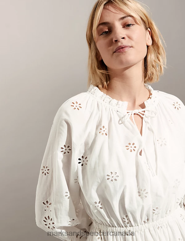 Marks and Spencer near me - Women Ivory Mix Clothing Marks & Spencer Pure Cotton Broderie Tie Neck Midi Dress 20VTD1743