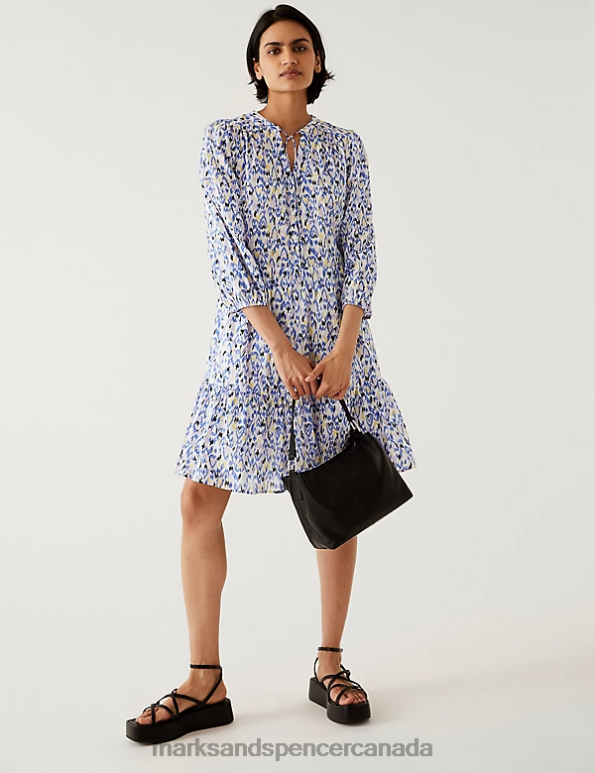 Women Ivory Mix Clothing Marks & Spencer Pure Cotton Printed Tie Neck Mini Dress 20VTD264 - Marks and Spencer outlet