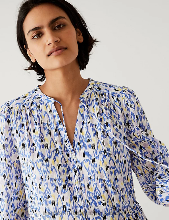 Women Ivory Mix Clothing Marks & Spencer Pure Cotton Printed Tie Neck Mini Dress 20VTD264 - Marks and Spencer outlet