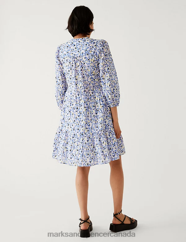 Women Ivory Mix Clothing Marks & Spencer Pure Cotton Printed Tie Neck Mini Dress 20VTD264 - Marks and Spencer outlet