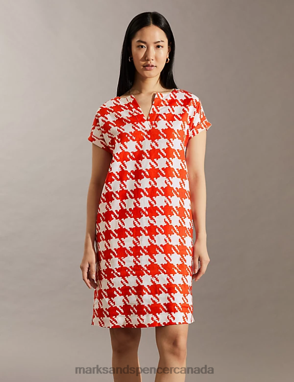 Marks and Spencer sale - Women Ivory Mix Clothing Marks & Spencer Pure Linen Dogtooth V-Neck Shift Dress 20VTD853