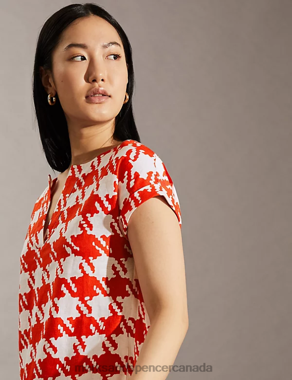 Marks and Spencer sale - Women Ivory Mix Clothing Marks & Spencer Pure Linen Dogtooth V-Neck Shift Dress 20VTD853