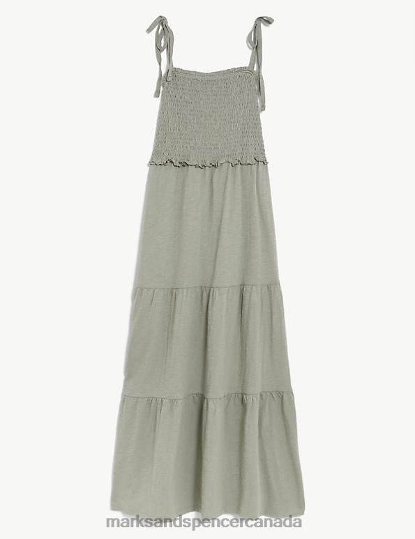 Women Khaki Clothing Marks & Spencer Pure Cotton Jersey Shirred Midi Dress 20VTD2216 - Marks and Spencer online