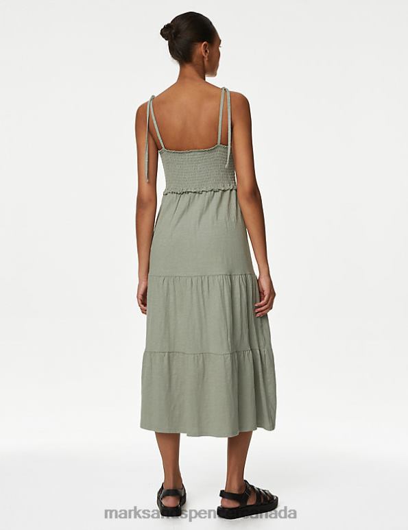 Women Khaki Clothing Marks & Spencer Pure Cotton Jersey Shirred Midi Dress 20VTD2216 - Marks and Spencer online