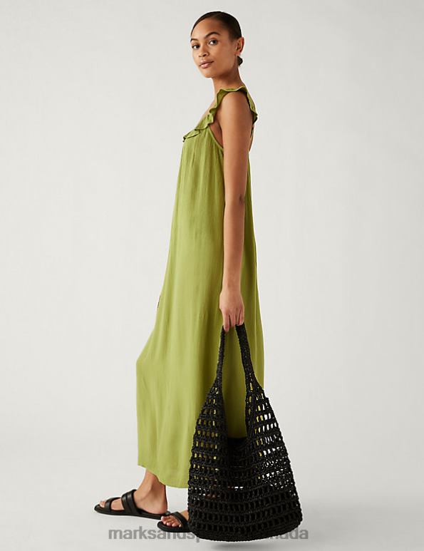 Women Khaki Clothing Marks & Spencer Round Neck Frill Detail Midaxi Cami Dress 20VTD2550 - Marks and Spencer online