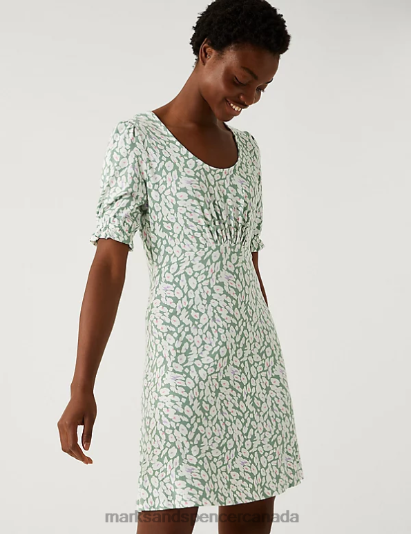 Women Khaki Mix Clothing Marks & Spencer Jersey Printed Scoop Neck Mini Skater Dress 20VTD839 - Marks and Spencer online