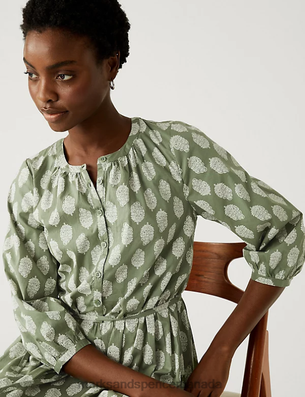 Women Khaki Mix Clothing Marks & Spencer Pure Cotton Printed Midaxi Shirt Dress 20VTD1978 - Marks and Spencer online