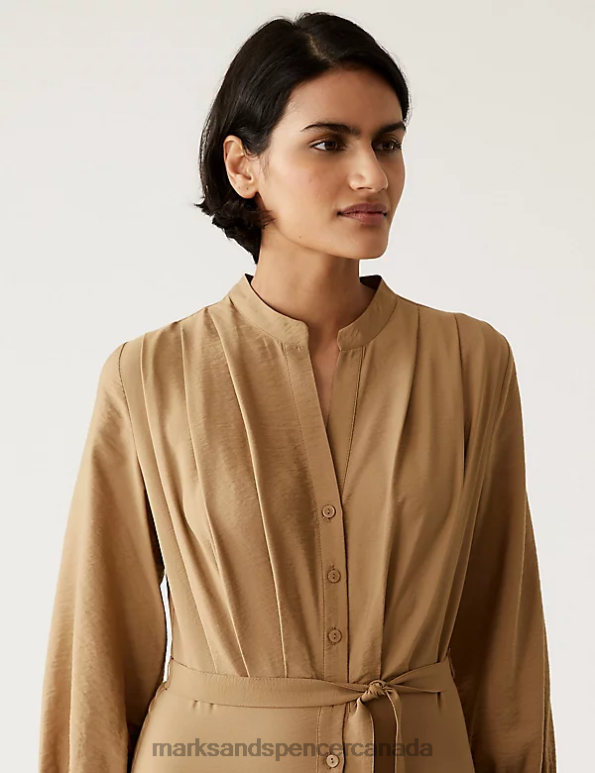 Marks and Spencer Canada - Women Light Brown Clothing Marks & Spencer Round Neck Pleated Midi Shirt Dress 20VTD1878