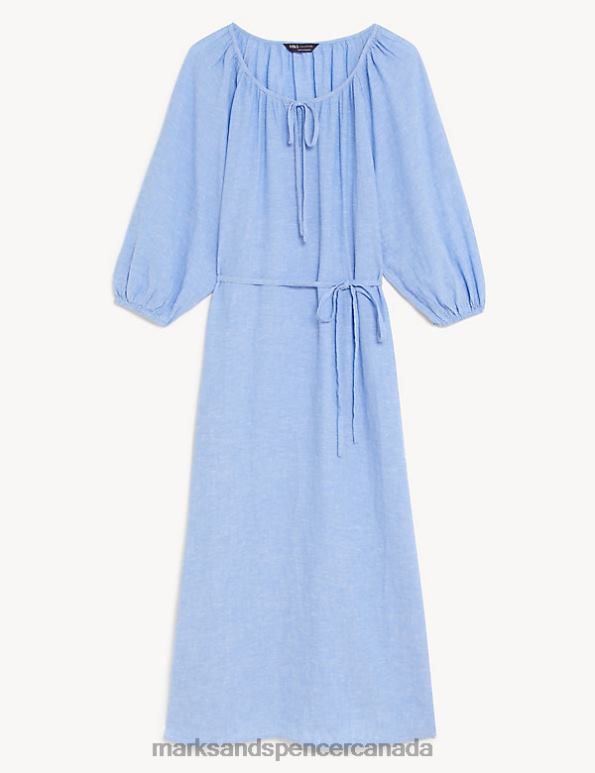 Women Light Chambray Clothing Marks & Spencer Linen Blend Tie Neck Midi Column Dress 20VTD866 - Marks and Spencer online