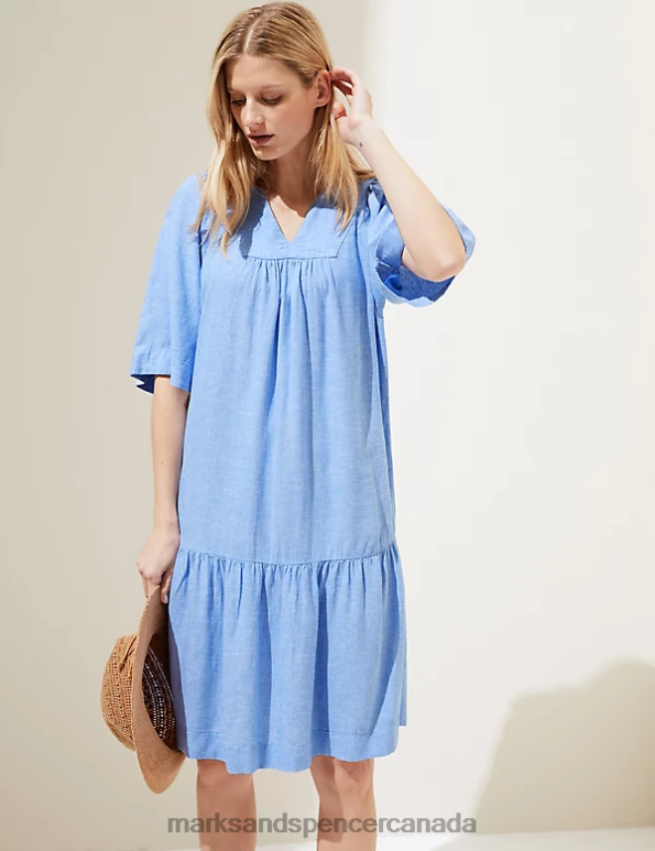 Women Light Chambray Clothing Marks & Spencer Linen Blend V-Neck Knee Length Tiered Dress 20VTD1630 - Marks and Spencer Canada locations