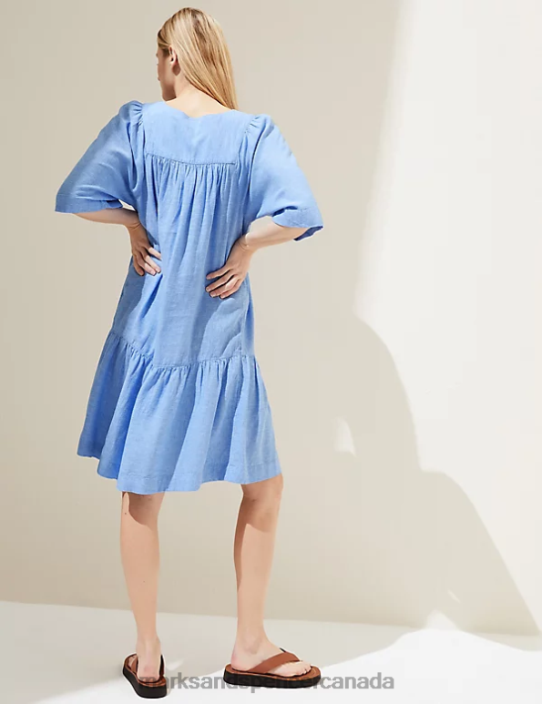 Women Light Chambray Clothing Marks & Spencer Linen Blend V-Neck Knee Length Tiered Dress 20VTD1630 - Marks and Spencer Canada locations