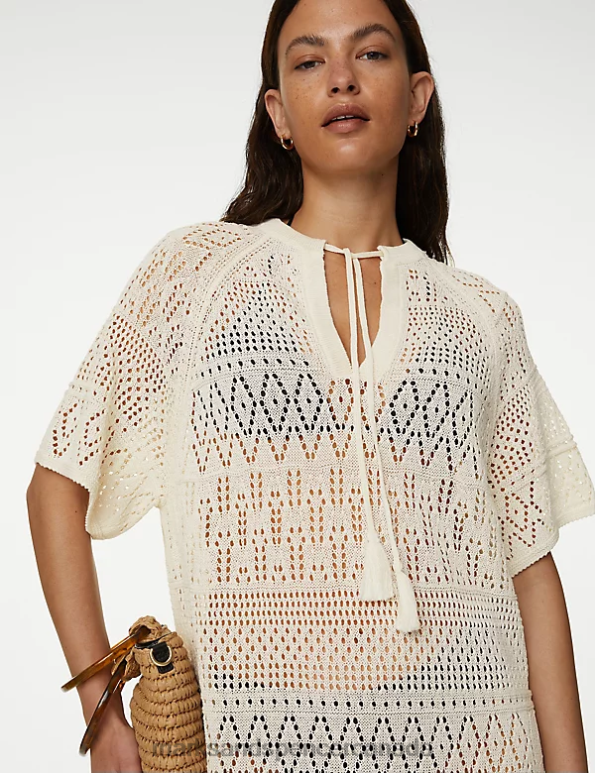 Marks and Spencer sale - Women Light Cream Clothing Marks & Spencer Cotton Blend Pointelle V-Neck Knitted Dress 20VTD288