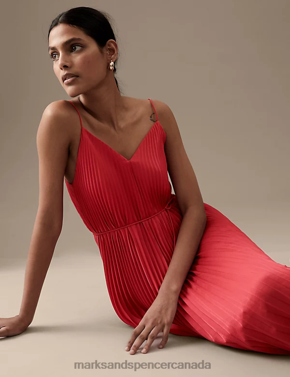 Women Lipstick Clothing Marks & Spencer Plisse V-Neck Midi Slip Dress 20VTD2764 - Marks and Spencer Canada locations