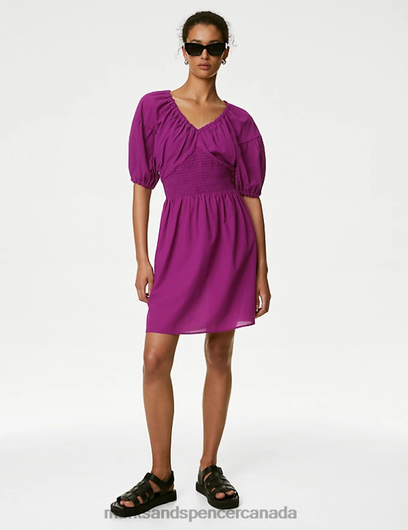 Women Magenta Clothing Marks & Spencer Pure Cotton V-Neck Mini Waisted Dress 20VTD2737 - Marks and Spencer outlet