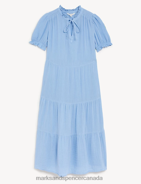 Women Medium Blue Clothing Marks & Spencer Pure Cotton Tie Neck Midi Tiered Dress 20VTD1016 - Marks and Spencer online