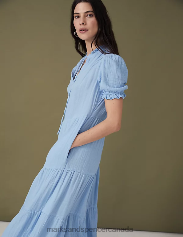 Women Medium Blue Clothing Marks & Spencer Pure Cotton Tie Neck Midi Tiered Dress 20VTD1016 - Marks and Spencer online