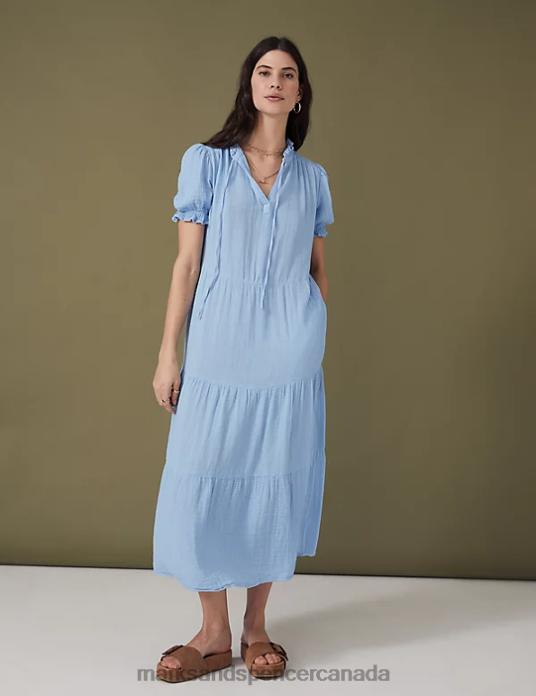 Women Medium Blue Clothing Marks & Spencer Pure Cotton Tie Neck Midi Tiered Dress 20VTD1016 - Marks and Spencer online