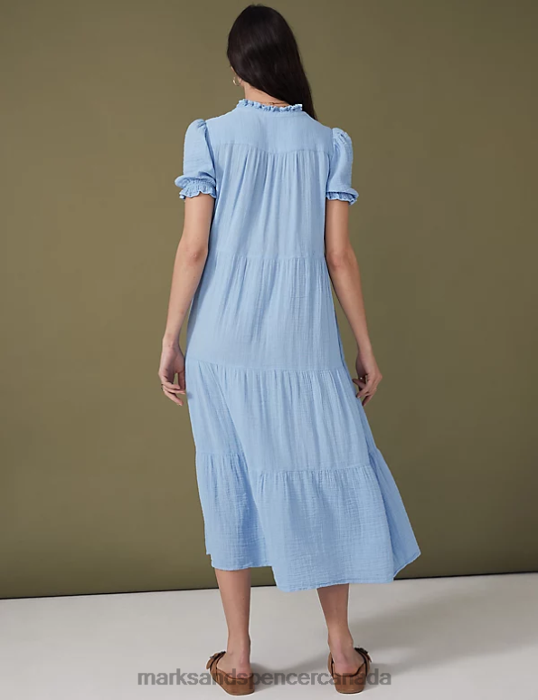 Women Medium Blue Clothing Marks & Spencer Pure Cotton Tie Neck Midi Tiered Dress 20VTD1016 - Marks and Spencer online