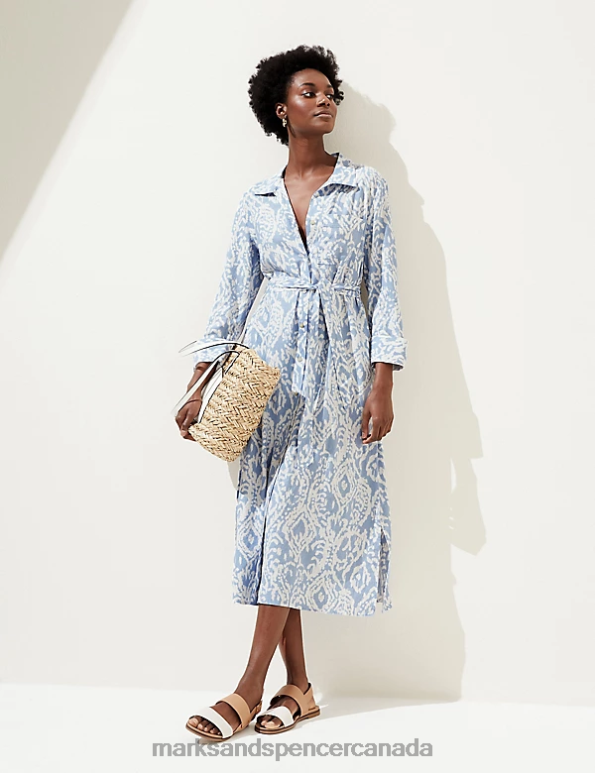 Marks and Spencer near me - Women Medium Blue Mix Clothing Marks & Spencer Linen Blend Printed Midi Shirt Dress 20VTD789