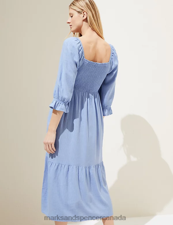 Marks and Spencer sale - Women Medium Blue Mix Clothing Marks & Spencer Linen Blend Striped Square Neck Midi Dress 20VTD2503