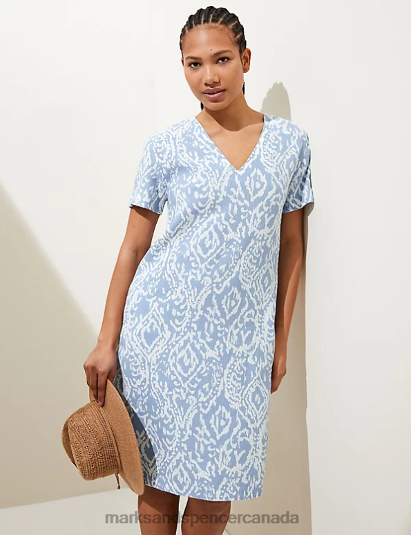 Marks and Spencer sale - Women Medium Blue Mix Clothing Marks & Spencer Linen Rich Printed V-Neck Midi Shift Dress 20VTD315