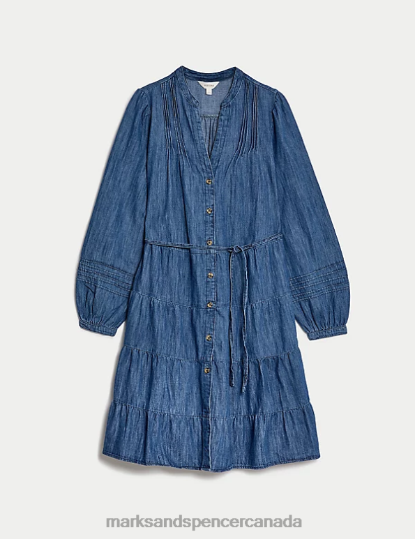Women Medium Indigo Clothing Marks & Spencer Denim Notch Neck Knee Length Tiered Dress 20VTD328 - Marks and Spencer Canada locations