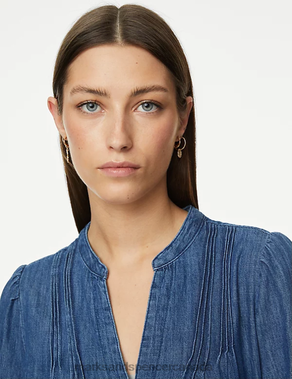 Women Medium Indigo Clothing Marks & Spencer Denim Notch Neck Knee Length Tiered Dress 20VTD328 - Marks and Spencer Canada locations