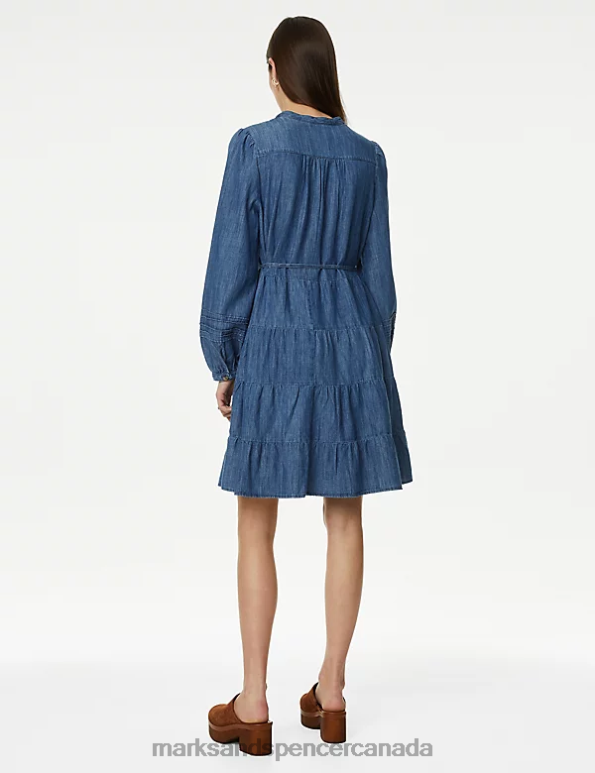 Women Medium Indigo Clothing Marks & Spencer Denim Notch Neck Knee Length Tiered Dress 20VTD328 - Marks and Spencer Canada locations