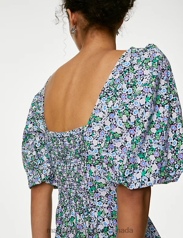 Women Multi Clothing Marks & Spencer Cotton Blend Floral Square Neck Midi Dress 20VTD868 - Marks and Spencer Canada locations