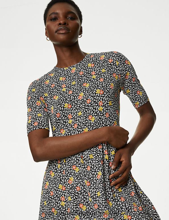 Women Multi Clothing Marks & Spencer Jersey Printed Knee Length Tiered Dress 20VTD579 - Marks and Spencer Canada locations