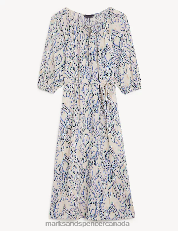 Marks and Spencer near me - Women Multi Clothing Marks & Spencer Linen Blend Printed Tie Neck Midi Dress 20VTD1447